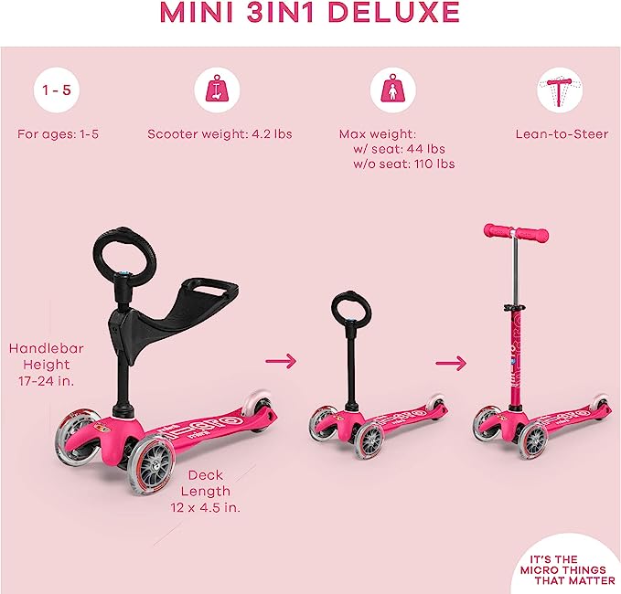 Mini Micro 3 In 1 Deluxe Scooter Raspberry | Monopattino Evolutivo Da 1 A 5 Anni Con Sedile E Manubrio Regolabile