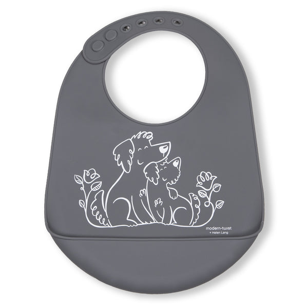 Modern Twist Silicone Catch Bib - Puppy Love / Fuzzy Grey