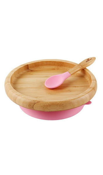 Avanchy Bamboo Suction Classic Plate & Spoon - Pink