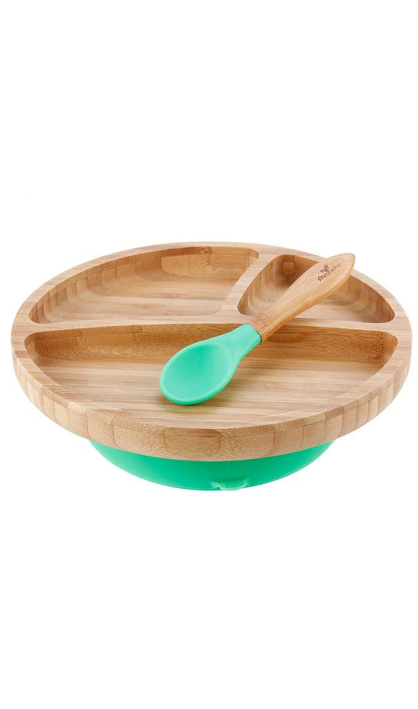 Avanchy Toddler Bamboo Stay Put Suction Plate & Spoon - Green