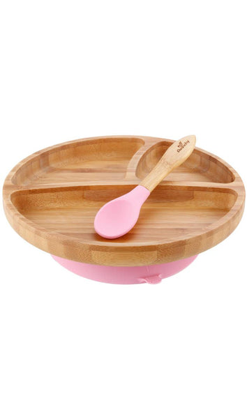 Avanchy Toddler Bamboo Stay Put Suction Plate & Spoon - Pink