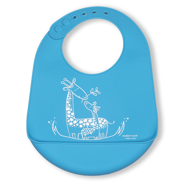 Modern Twist Silicone Catch Bib - Giraffe Giggles / Electric Blue
