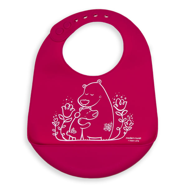 Modern Twist Silicone Catch Bib - Bears / Berry Pink