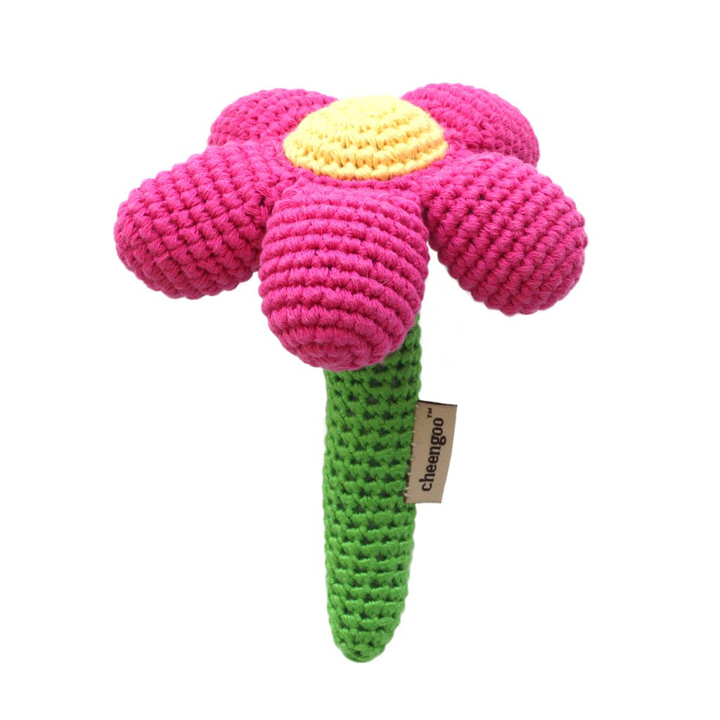 Cheengoo Stick Hand Crocheted Rattle - Magenta Flower