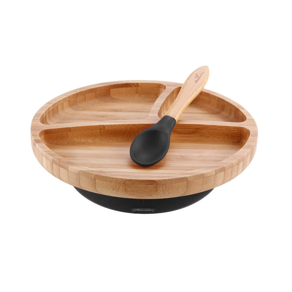 Avanchy Bamboo Stay Put Suction Divided Plate & Spoon - Black