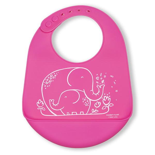 Modern Twist Silicone Catch Bib - Elephant Hugs / Candy Pink
