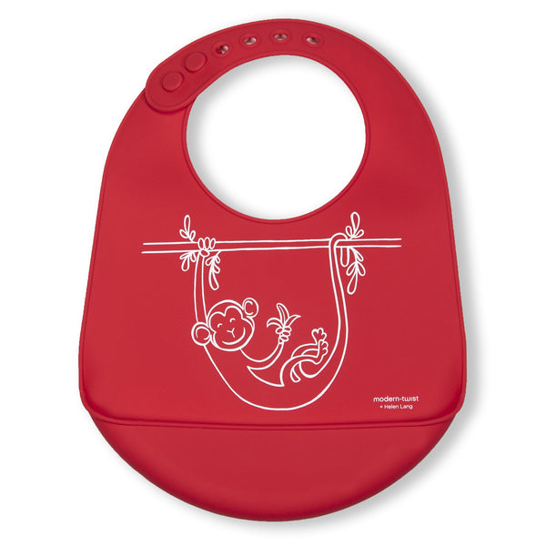 Modern Twist Silicone Catch Bib - Monkey Business / Apple Red